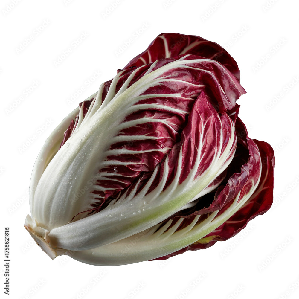 Obraz premium Close-up shot of a fresh radicchio lettuce head, showing its vibrant red and white leaves.