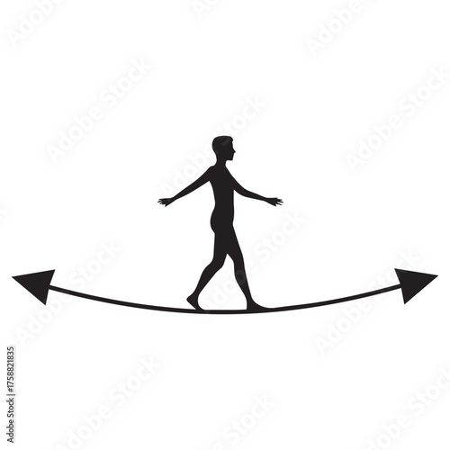 Silhouette of a person balancing carefully while walking on a taut rope with arrows pointing outwards on both ends