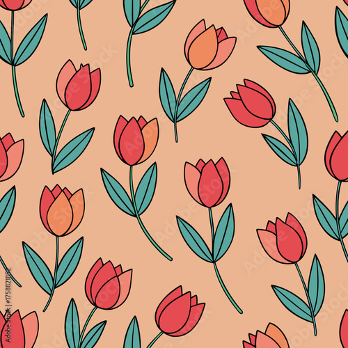 Seamless pattern of stylized red and orange tulips with green leaves on a peach background