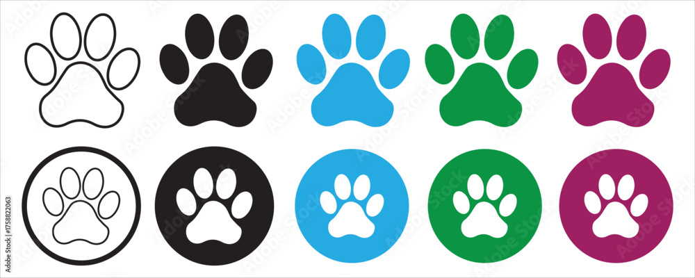 Fototapeta premium Dog Paw Print Vector Set. Colorful Pet Footprint Icons
