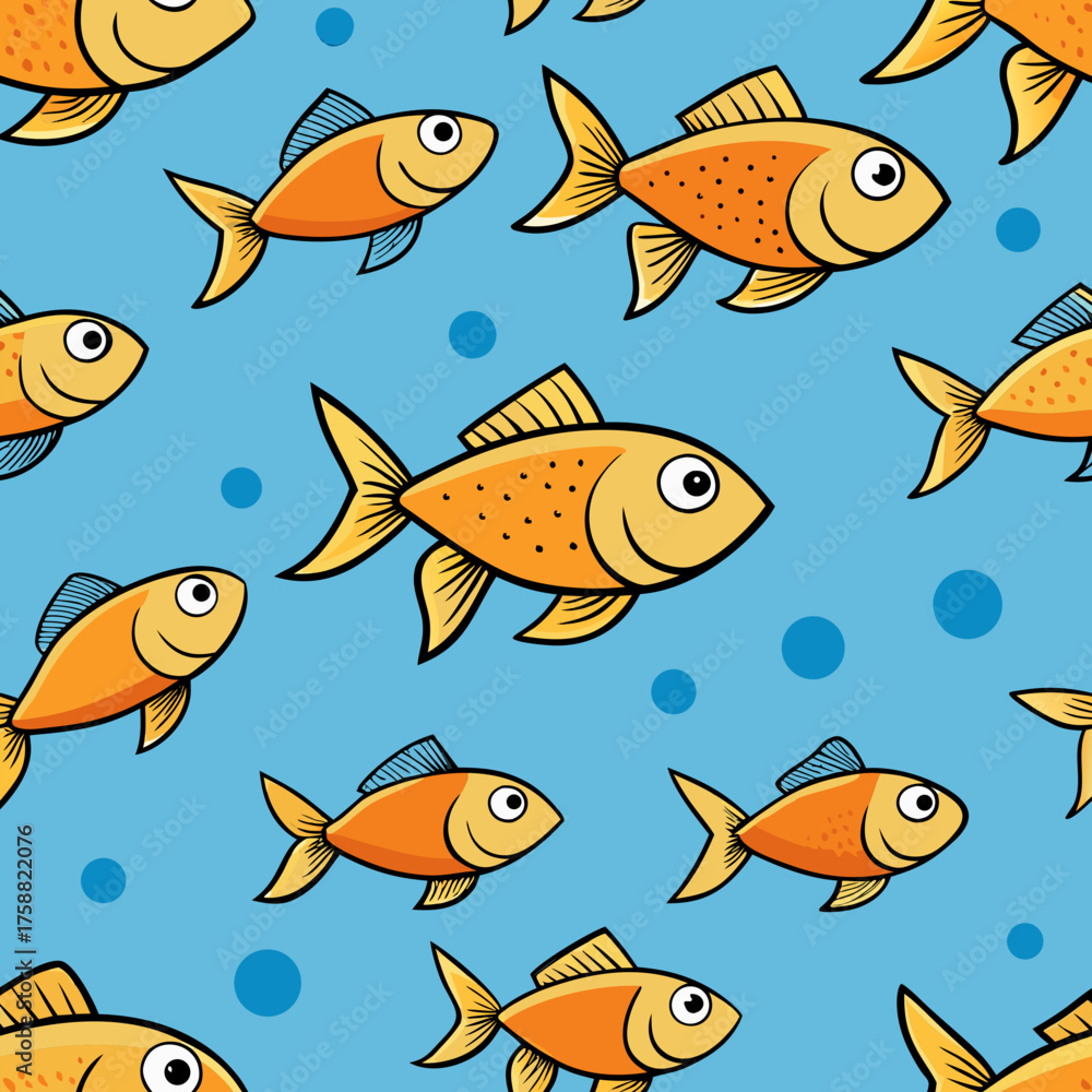Fototapeta premium Seamless pattern of cute cartoon goldfish swimming in blue water with bubbles