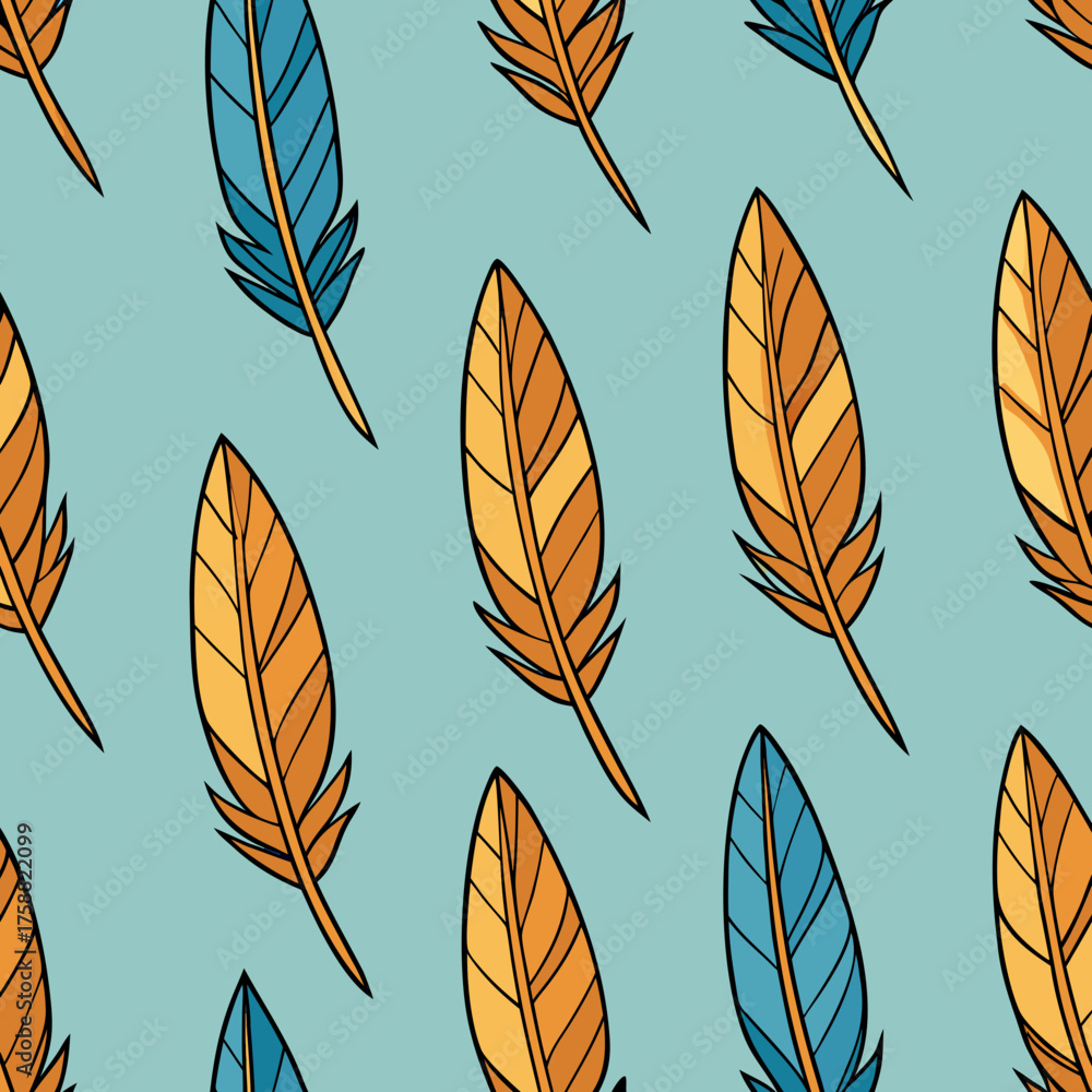 Fototapeta premium Seamless pattern of stylized orange and blue feathers on a light blue background hand drawn illustration