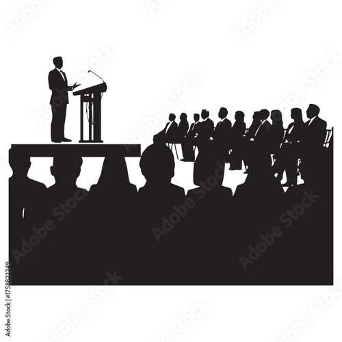 Silhouette of a speaker addressing a large audience from a podium in a formal presentation or event setting