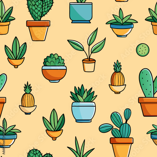 A charming seamless pattern featuring a variety of cute potted succulents and cacti in colorful planters on a soft yellow background