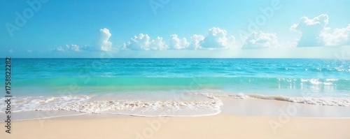 Serene Sandy Beach Calm Ocean Meets Clear Sky - Peaceful Tropical Vacation Scene