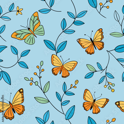 Seamless pattern of delicate orange and green butterflies flying among blue leaves and branches on a light blue background