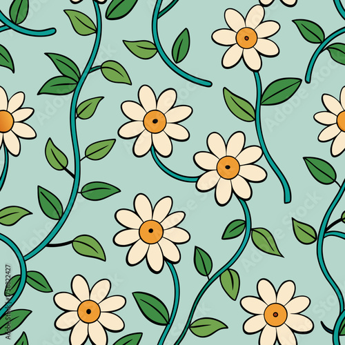 Seamless pattern of stylized white daisies with orange centers and green leaves on a light blue background