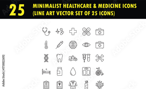 Minimalist Healthcare & Medicine Icons (Line Art Vector Set of 25)
