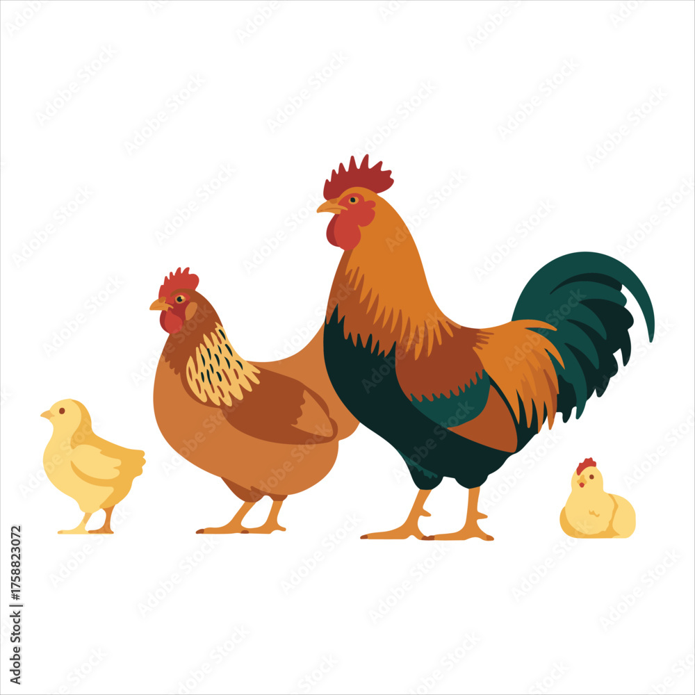 Fototapeta premium Chicken Family with Chick, Hen, and Rooster - Farm Birds Set