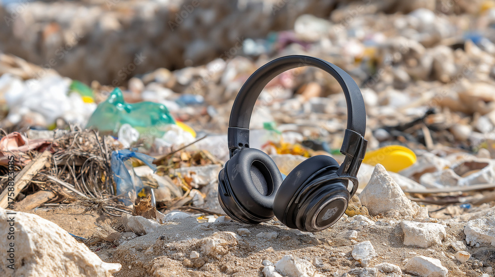 Naklejka premium Black headphones amidst trash on beach