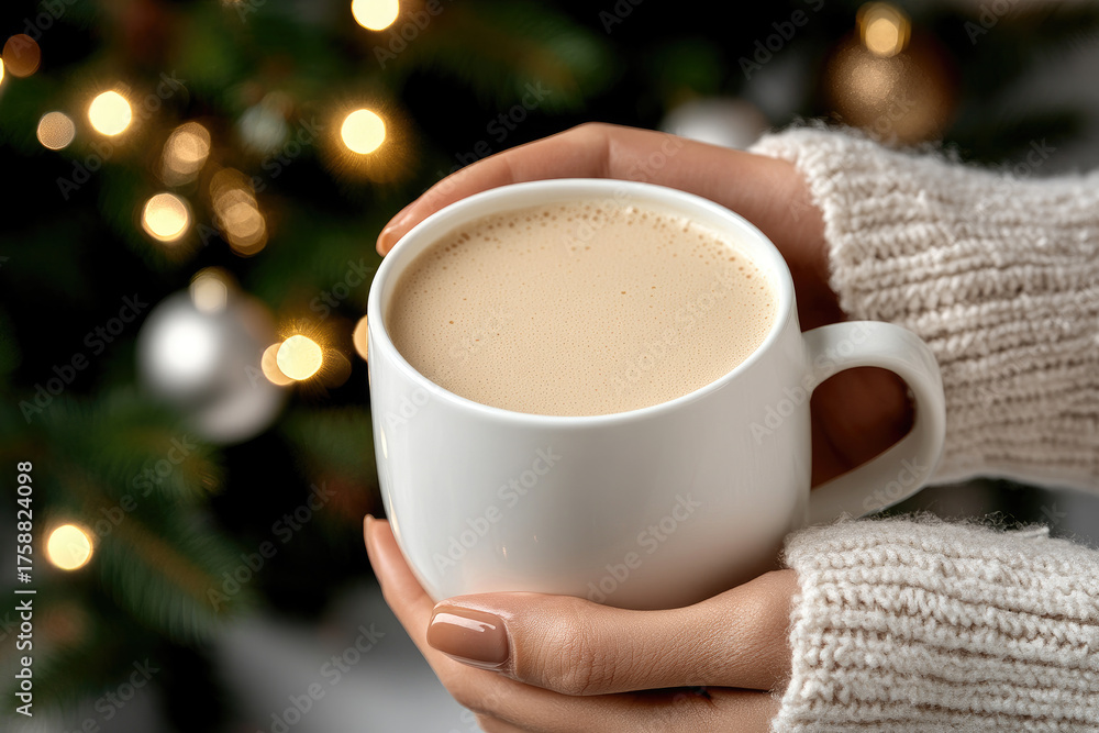 Obraz premium Woman hands holding a cozy mug of frothy eggnog topped with cinnamon, celebrating warm holiday traditions during Christmas season by a blurred background of festive lights