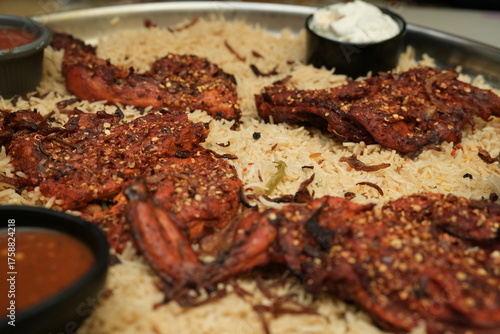 Arabian chicken Manthi or mandi cooked meat, Basmati rice with Masala, spice. Kuzhimanthi or hot and spicy Manthi in South India