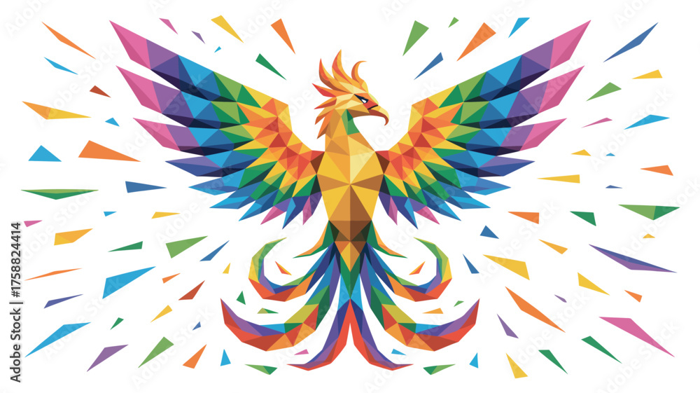 Fototapeta premium Geometric phoenix illustration with vibrant rainbow colors and triangular shapes on white background
