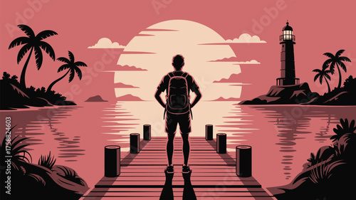 A traveler with a backpack standing on a pier looking at a lighthouse and the sunset on the ocean