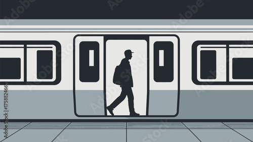 Silhouette of a person walking into a train car with a backpack and wearing a hat on the platform
