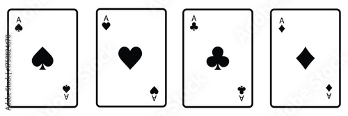 Four Aces Playing Card Icon Set – Poker Hand Winning Combination with Hearts, Clubs, Diamonds,
 and Spades Suits – Casino and Gambling Vector Illustration