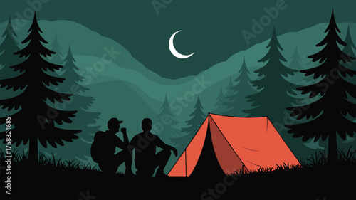 Two campers sitting by an orange tent in a dark forest under a crescent moon in the night sky