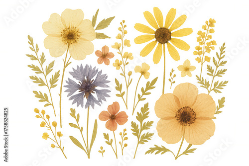 Watercolor wild flowers collection with pressed botanical elements for vintage floral design