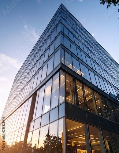 Modern building reflecting light at dusk. Abstract Futuristic Business Background