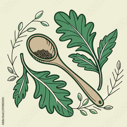 Vector art of arugula seeds in a spoon with leaves