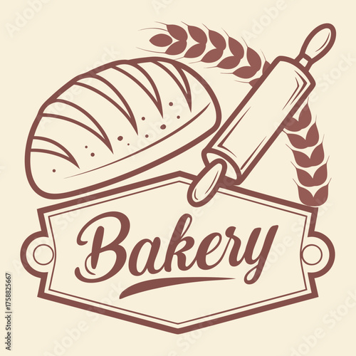 Vector art of bakery logo with wheat and rolling pin