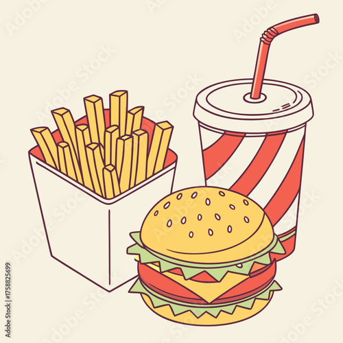 Vector art of burger, fries and soda illustration set