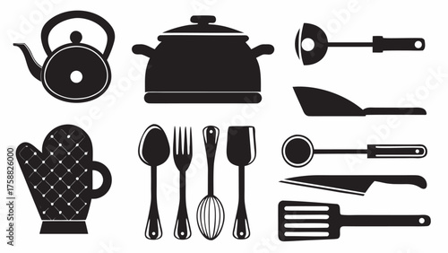 Essential cooking tools vector art for culinary designs and restaurant themes, kettle, pot, oven mitt included