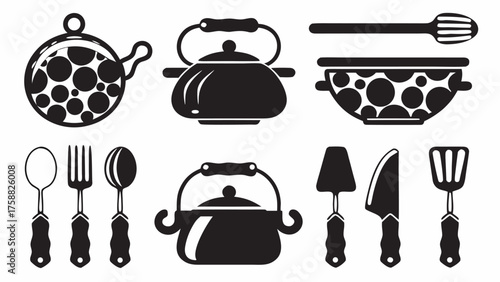 Classic black and white kitchenware illustration perfect for culinary designs and restaurant branding