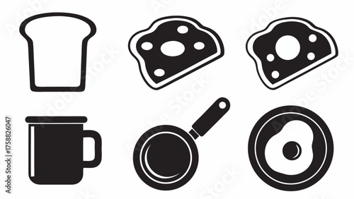 Breakfast time icons set with toast, fried egg, and a mug for a delightful morning meal