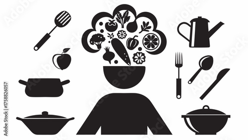 Creative chef illustration with fruits and vegetables, culinary inspiration for healthy cooking and food prep