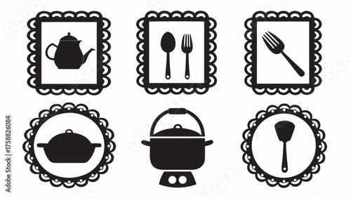 Elegant kitchenware icons, ideal for culinary projects, restaurant branding, and stylish food blogs design resource