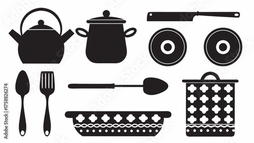 Essential kitchen utensils collection for cooking fun Kettle, pot, pan, spoon, fork, spatula