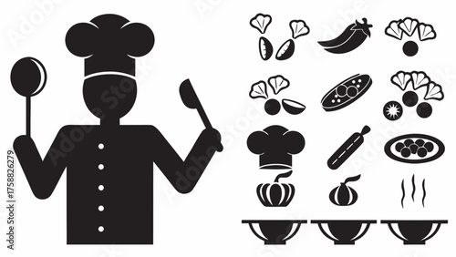 Chef cooking culinary dishes with vegetables and bowl, professional kitchen for food preparation