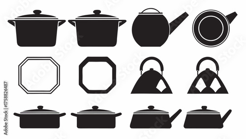 Elegant black cooking pots and kettles for kitchen design, dining, and creative culinary art projects