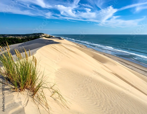Fototapeta Naklejka Na Ścianę i Meble -  Scenic beach view with golden sand dunes and ocean, under a bright blue sky