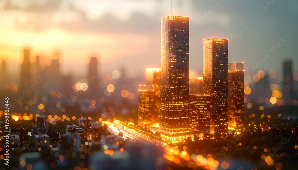 Fototapeta premium Modern building reflecting light at dusk. Abstract Futuristic Business Background