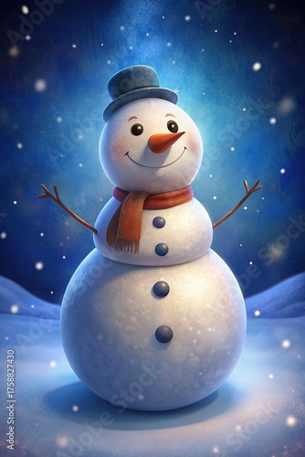 Cute smiling snowman blue hat orange scarf standing night snow during snowfall winter holiday New Year atmosphere
