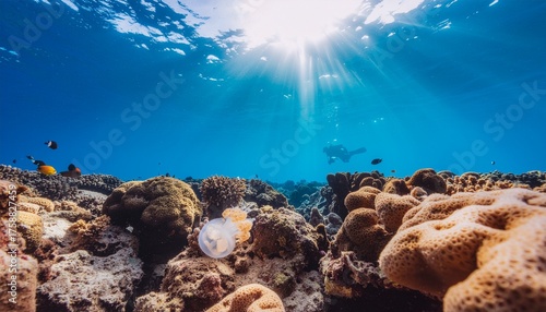 Diver Explores Coral Reef Under Sunlight