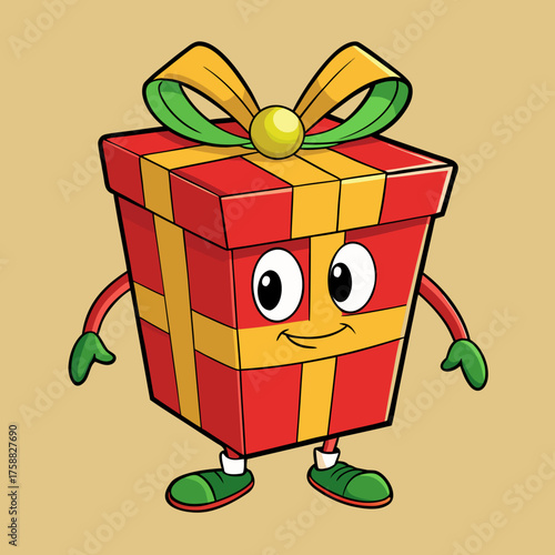 Happy cartoon gift box with arms legs and face