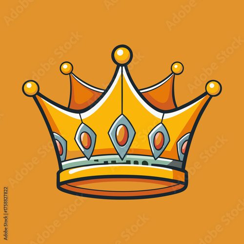 Cartoon golden crown with jewels on orange background