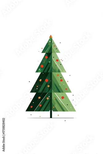 Abstract minimalist vector image of a Christmas tree in low poly or pixel art style with dark green texture, decorated with red balls and gold sparkles, on a pure white background