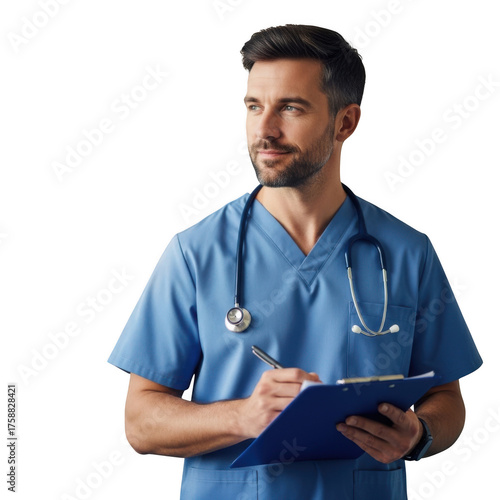 Illustration of male nurse writing on clipboard isolated on transparent background