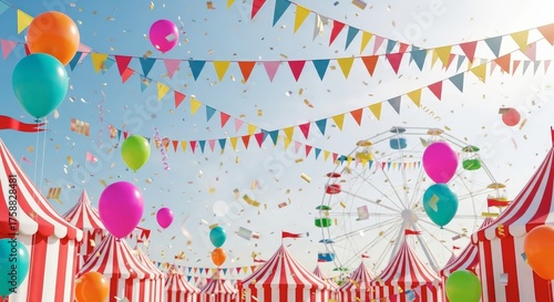 Vibrant outdoor carnival celebration with colorful tents and balloons under a bright sky