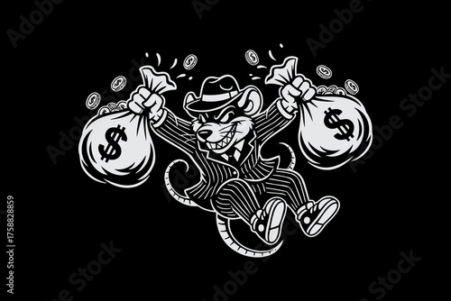 Cartoon Rat Character Holding Money Bags Illustration.