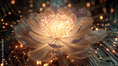 Glowing Digital Circuit Transforming into Blooming Organic Pattern – Futuristic Tech-Nature Overlay