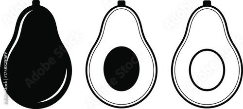 Black silhouette avocado illustrations, whole and halved fruit sketch, seed and seedless cross-section, food icon art, ink style, healthy produce design