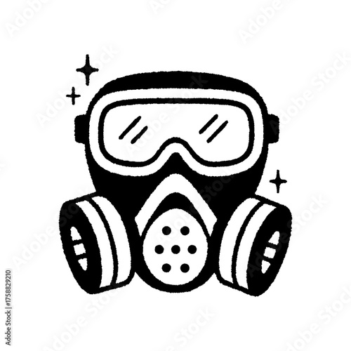 Black and white vintage illustration of a modern respirator mask in engraving style, hand-drawn artwork symbolizing protection, safety, and environmental awareness