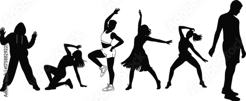Black silhouette dance illustrations, expressive movement poses, fitness and performance art, athletic figure sketch, ink style, body motion, choreography design
