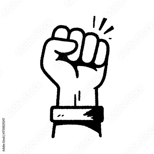 Vintage black and white raised fist illustration in engraving style, hand-drawn artwork symbolizing strength, unity, protest, and social justice