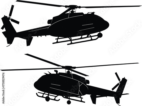 Black silhouette helicopter illustrations, side view aircraft sketch, military and utility design, rotor detail, aviation art, ink style, aerial vehicle